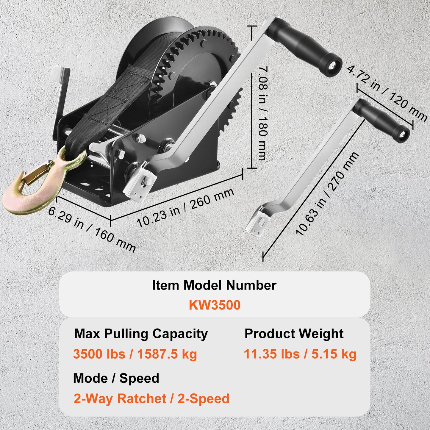 Hand Winch, 1587.6 Kg Pulling Capacity